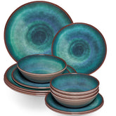 Melamin Geschirr Set Jesolo Grün für 4 Personen - 12 Teile - Steingutoptik Spülmaschinengeeignet Essgeschirr Campingzubehör Campinggeschirr Wohnwagen Camping Festival Picknick Gartenparty